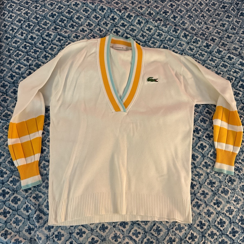 Lacoste V-Neck White and Yellow Sweater with Retro Stripes